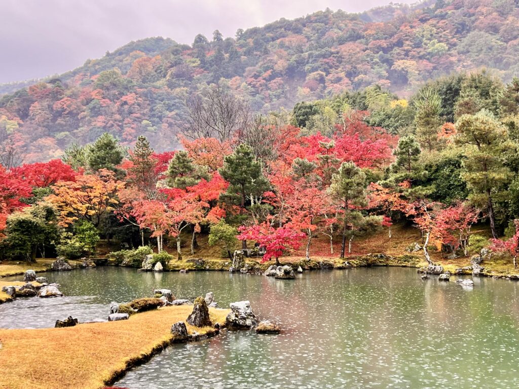 天龍寺・曹源池庭園に映る紅葉と嵐山の借景