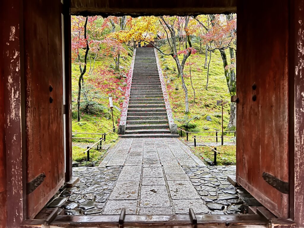 常寂光寺の石段越しに望む本堂と紅葉