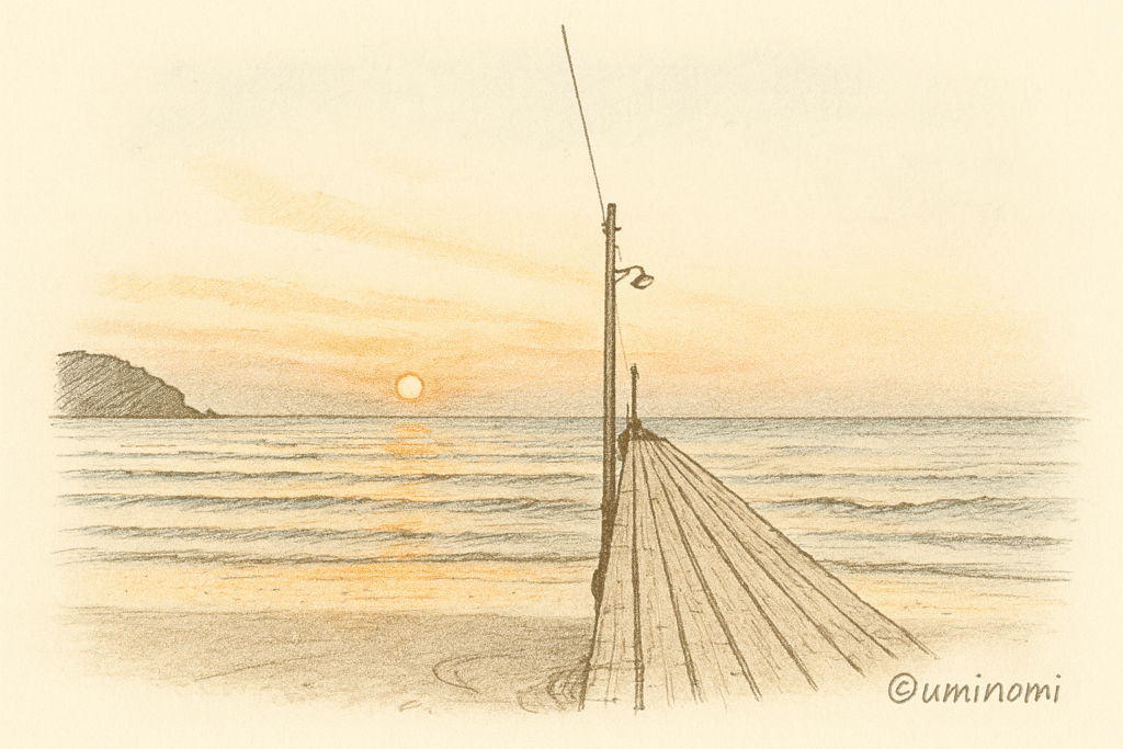 千葉県館山市・原岡海岸の桟橋と夕日の情景を描いたスケッチ風イラスト