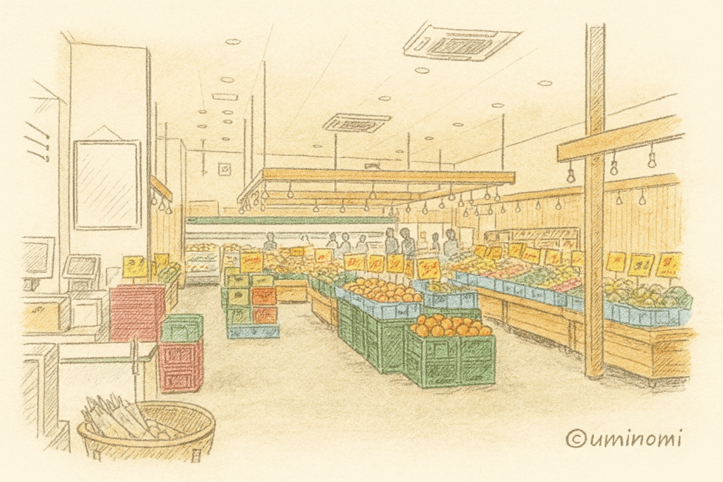 房総の駅とみうらの直売所の店内、木の温もりある空間に野菜や果物が並ぶスケッチ風イラスト